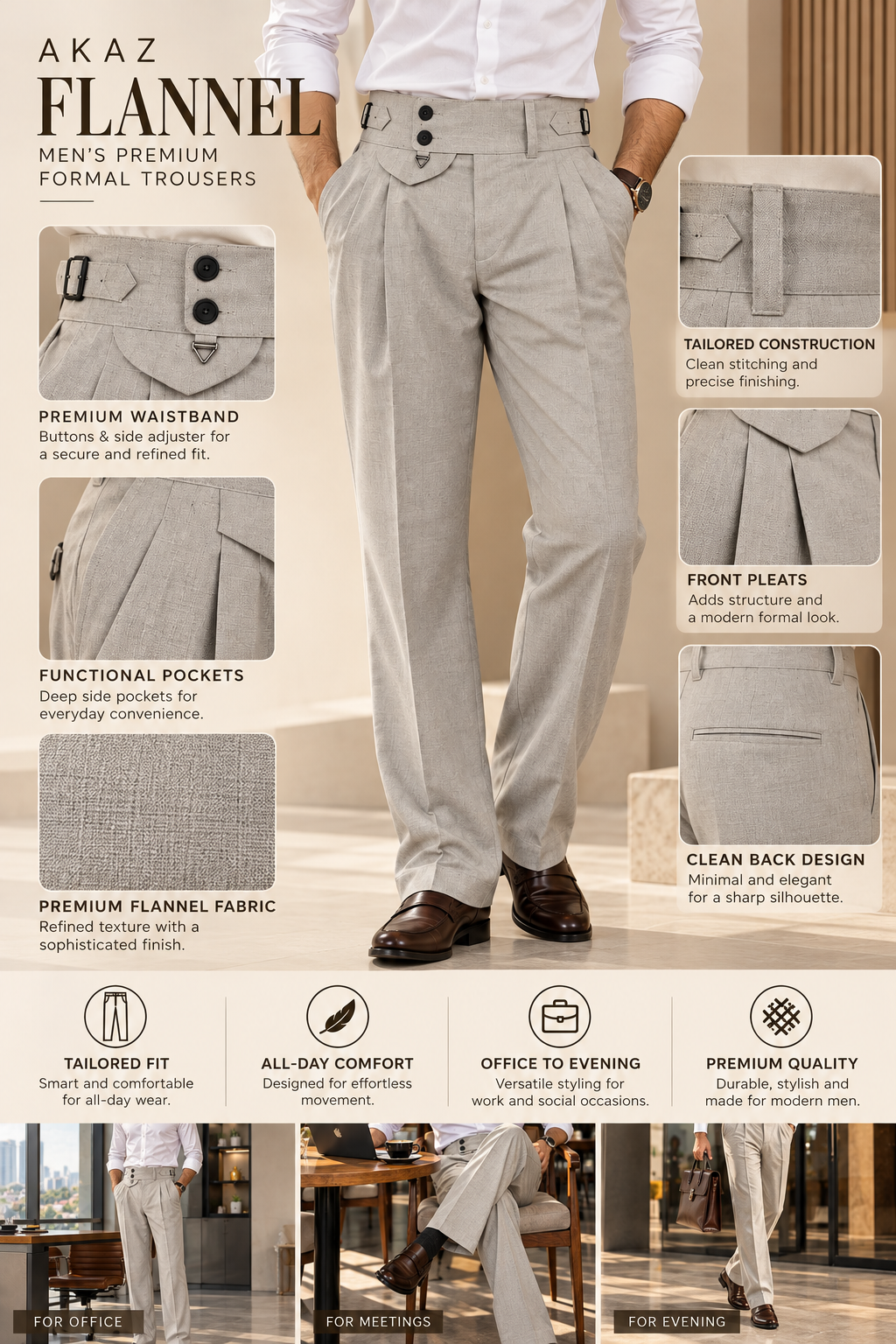 AKAZ FLANNEL Men's Cotton Blend Formal Trousers – Tailored Fit | Premium Formal Pants