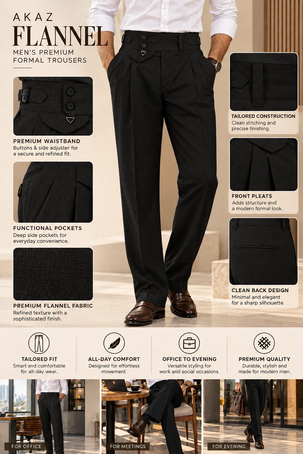 AKAZ FLANNEL Men's Black Dress Trousers | Premium Cotton Blend Business Pants