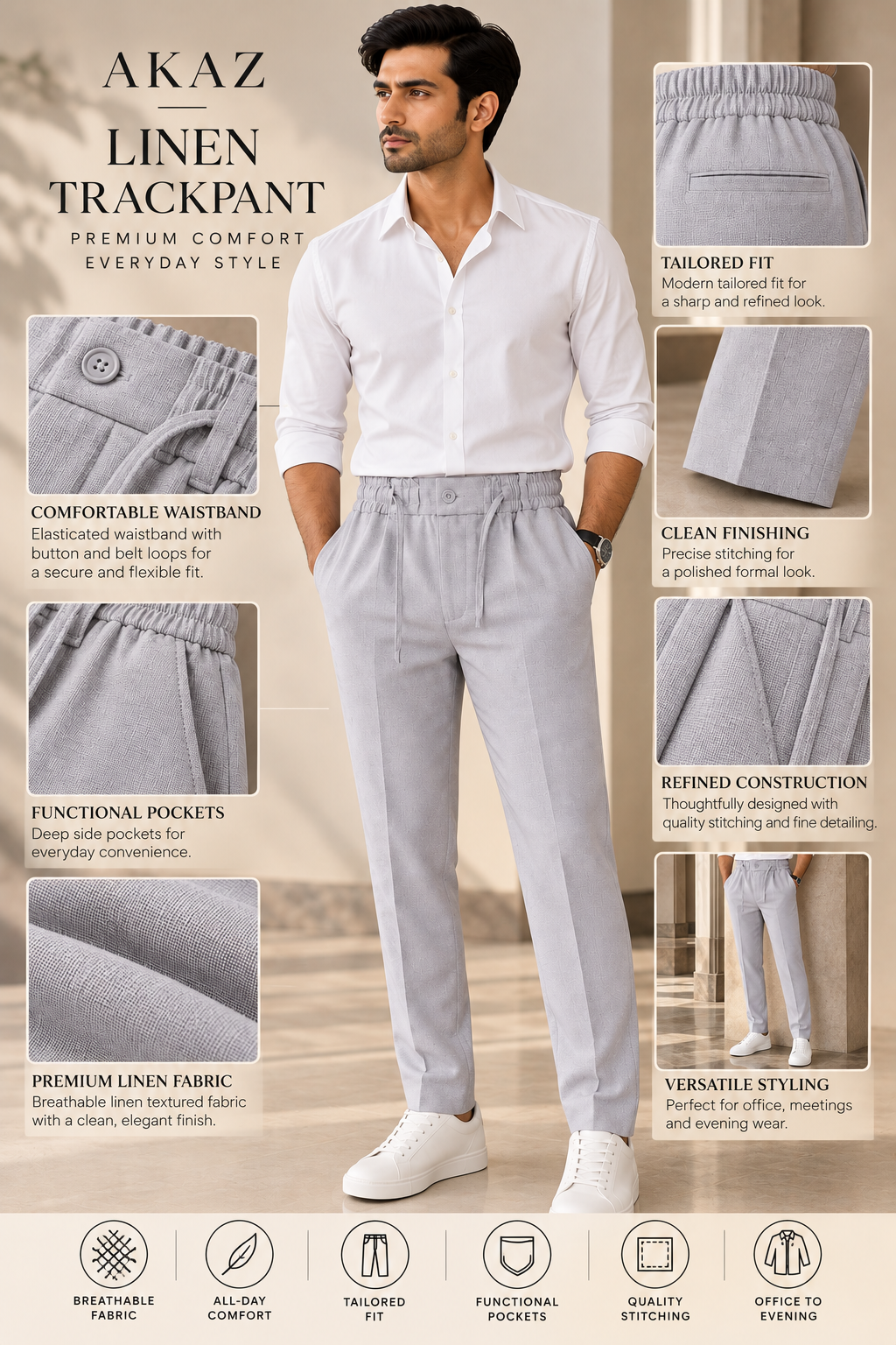 AKAZ Men's Light Grey Linen Trackpants | Drawstring Waist Casual Trousers