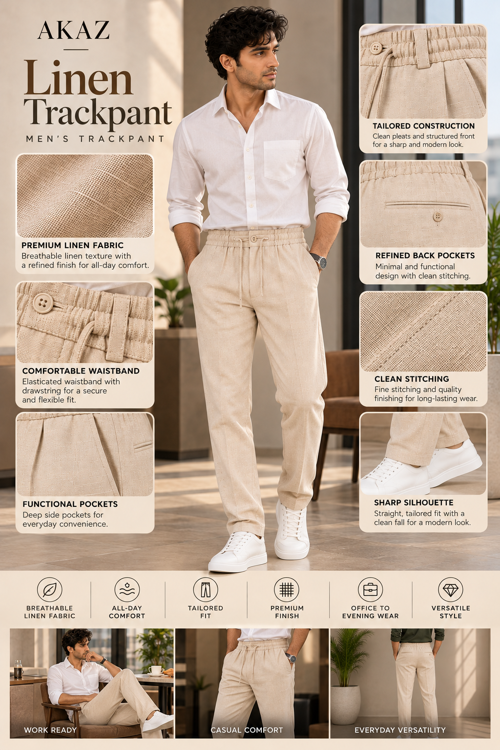 AKAZ Men's Cream Linen Trackpants | Casual Trousers for Everyday