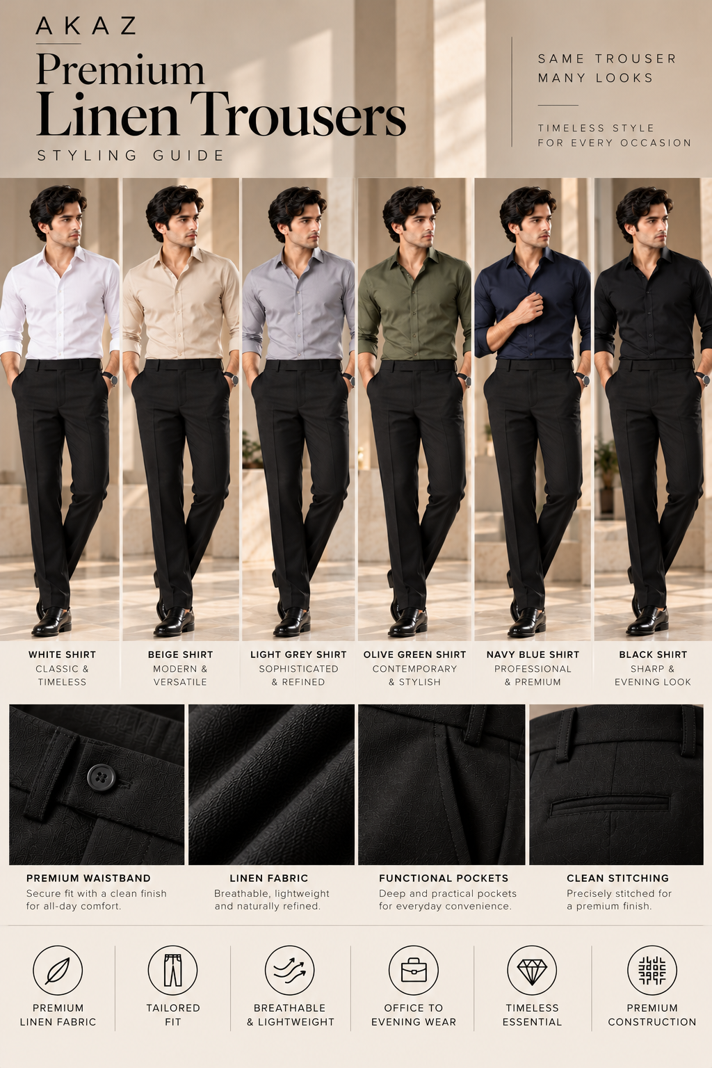 AKAZ Premium Black Linen Trousers for Men | Regular Fit Formal Pants