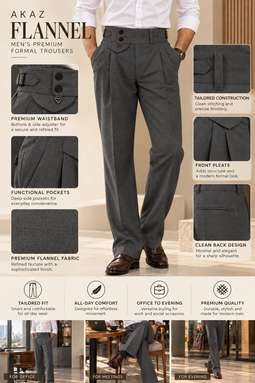 AKAZ FLANNEL Men's Dark Grey Formal Pants | Premium Tailored Office Trousers