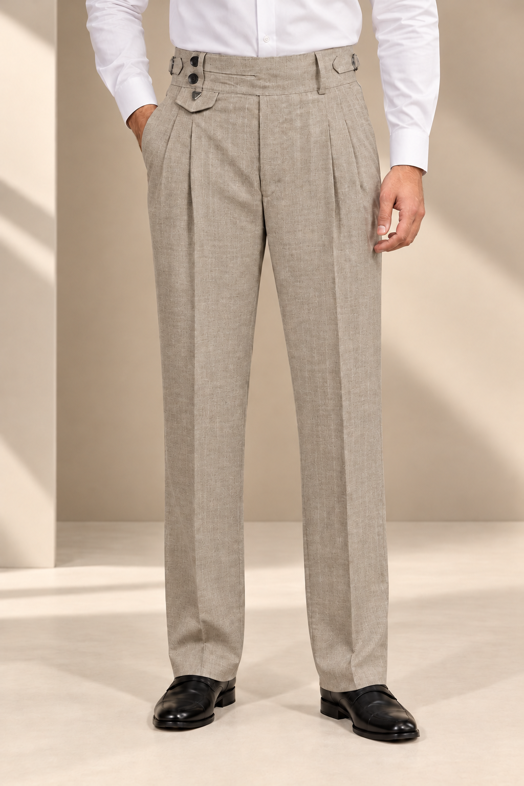 AKAZ FLANNEL Men's Beige Formal Trousers | Premium Cotton Blend Tailored Fit Pants
