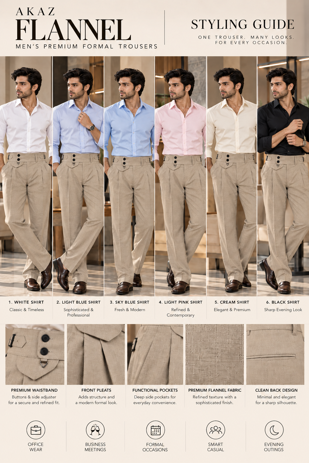 AKAZ FLANNEL Men's Beige Formal Trousers | Premium Cotton Blend Tailored Fit Pants