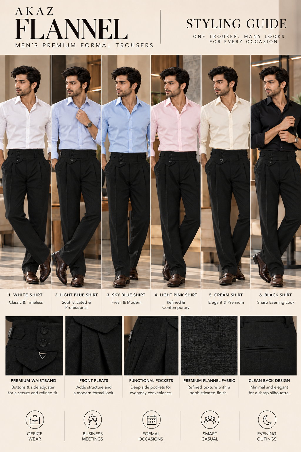 AKAZ FLANNEL Men's Black Dress Trousers | Premium Cotton Blend Business Pants