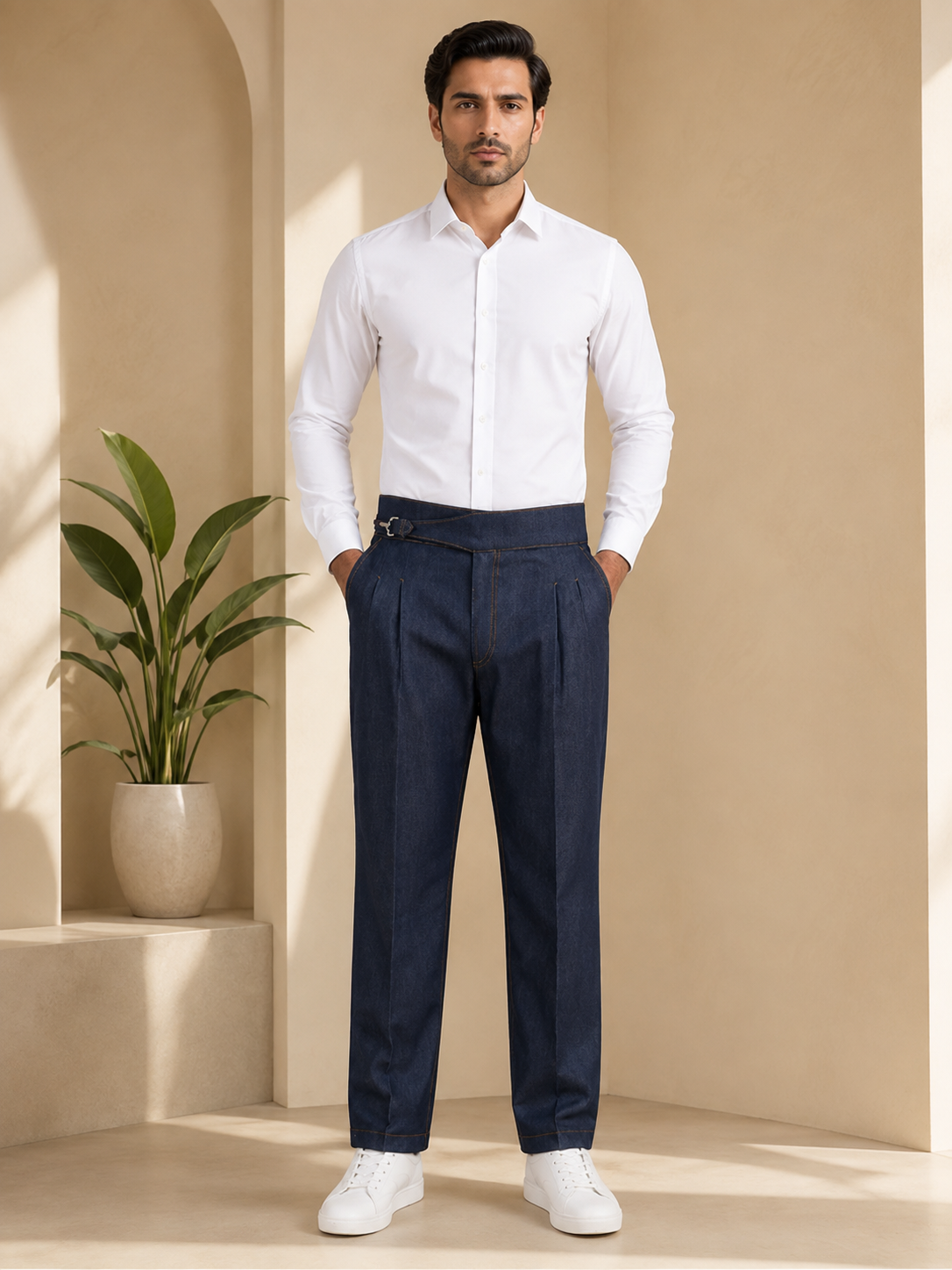 AKAZ Premium Navy Denim Look Cotton Stretch Trousers for Men