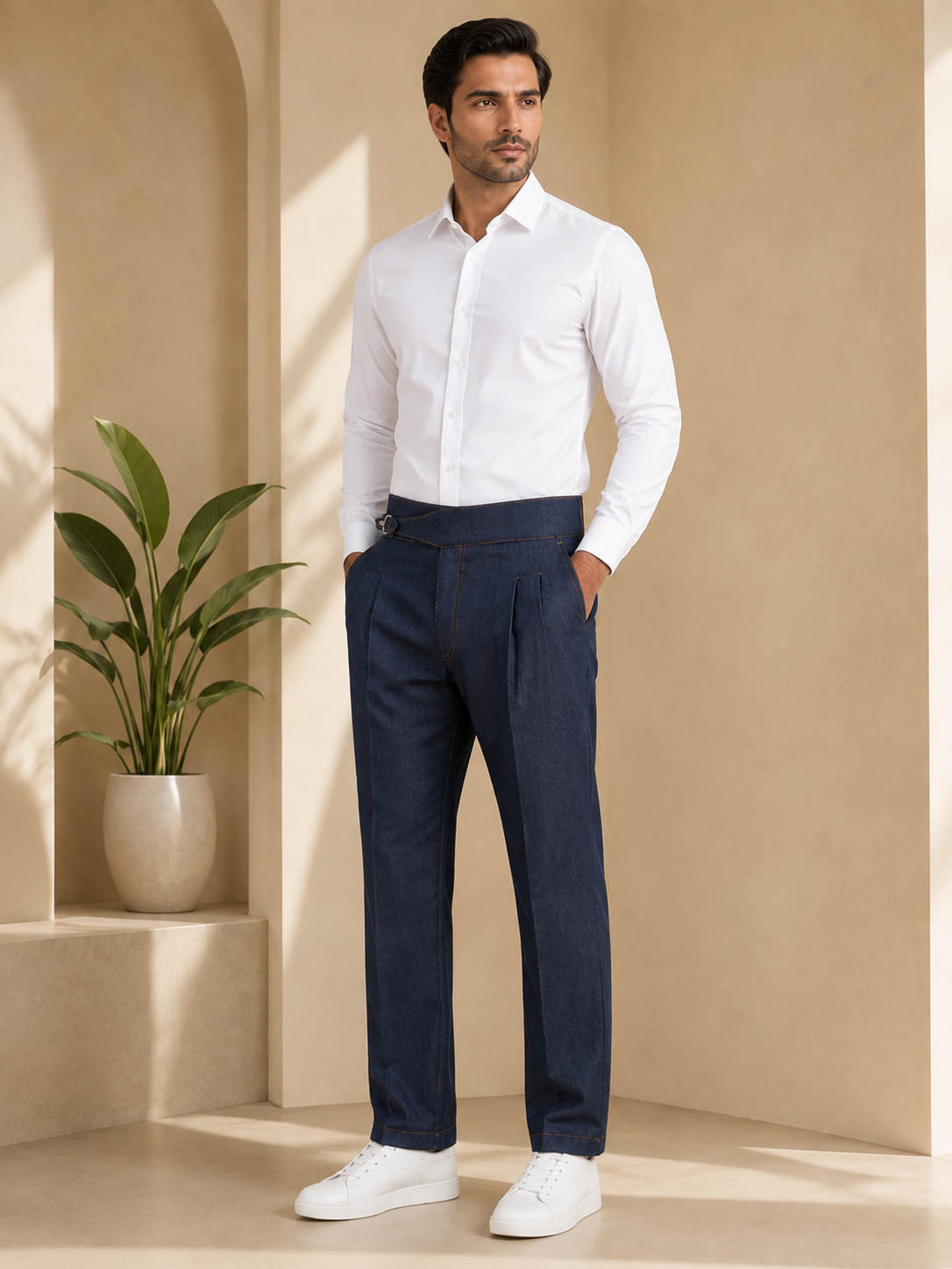 AKAZ Premium Navy Denim Look Cotton Stretch Trousers for Men