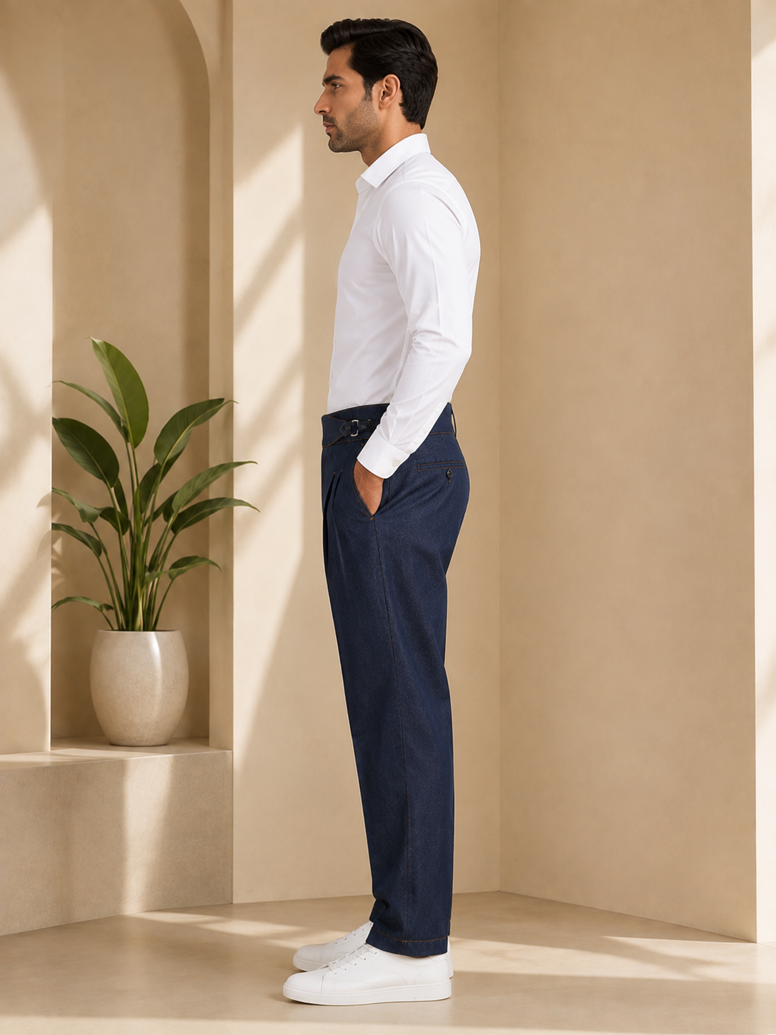 AKAZ Premium Navy Denim Look Cotton Stretch Trousers for Men