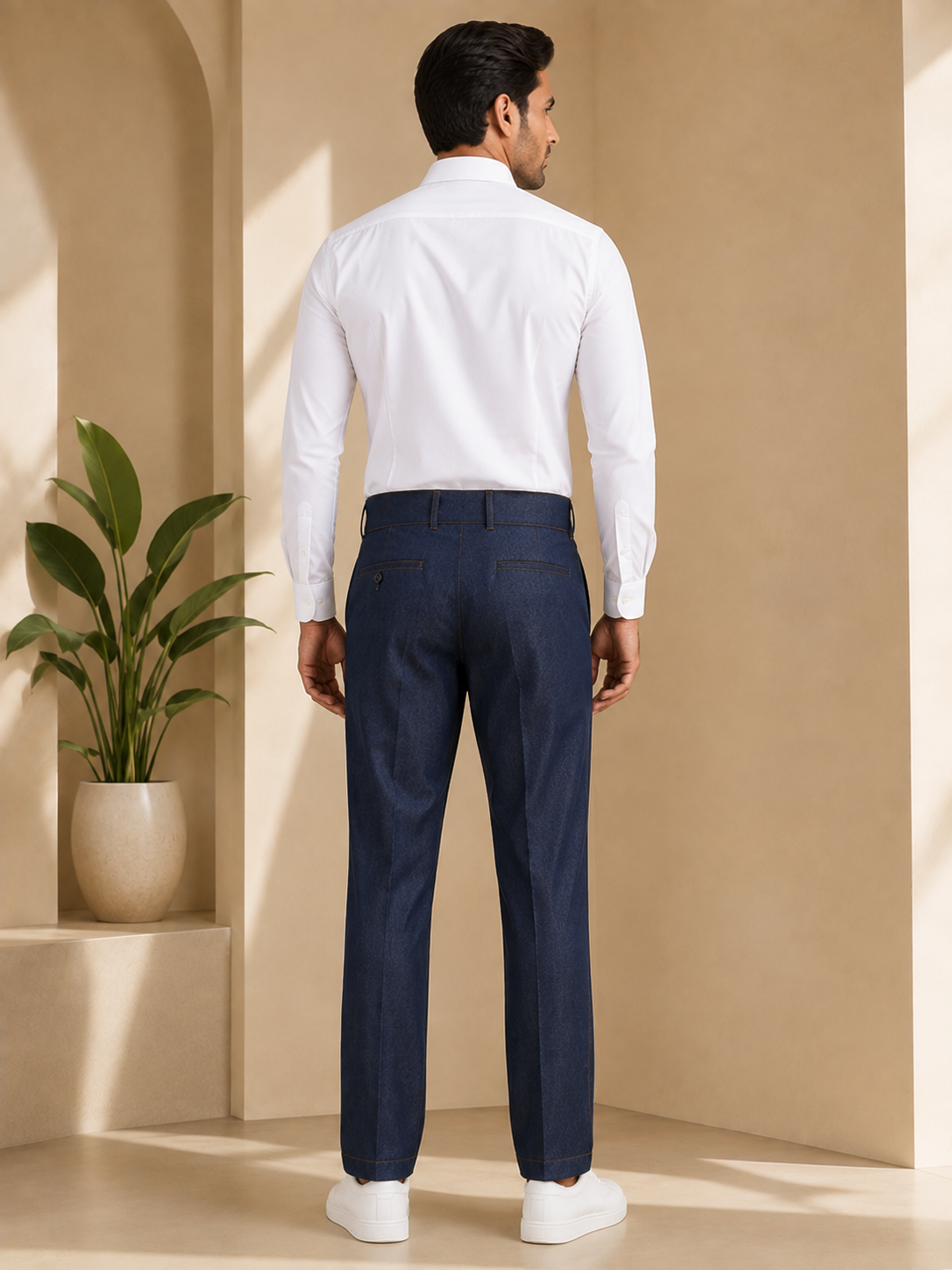 AKAZ Premium Navy Denim Look Cotton Stretch Trousers for Men