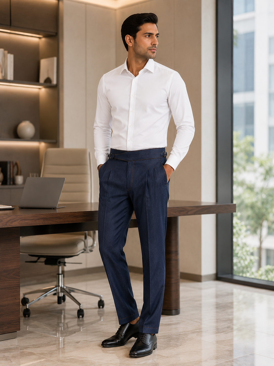 AKAZ Premium Navy Denim Look Cotton Stretch Trousers for Men