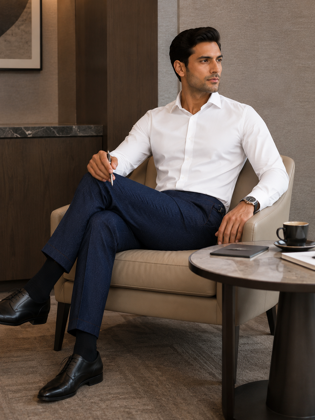 AKAZ Premium Navy Denim Look Cotton Stretch Trousers for Men
