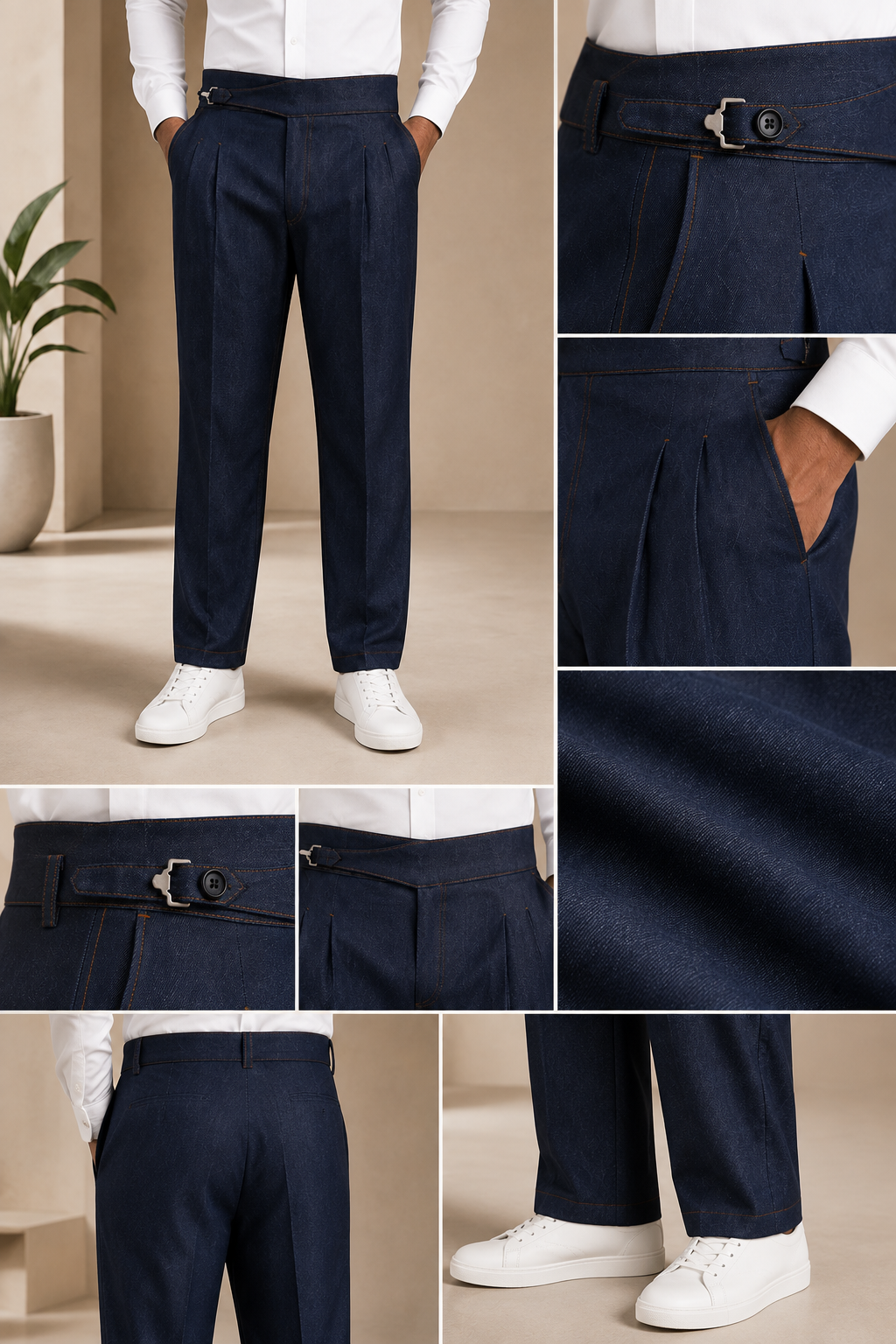 AKAZ Premium Navy Denim Look Cotton Stretch Trousers for Men