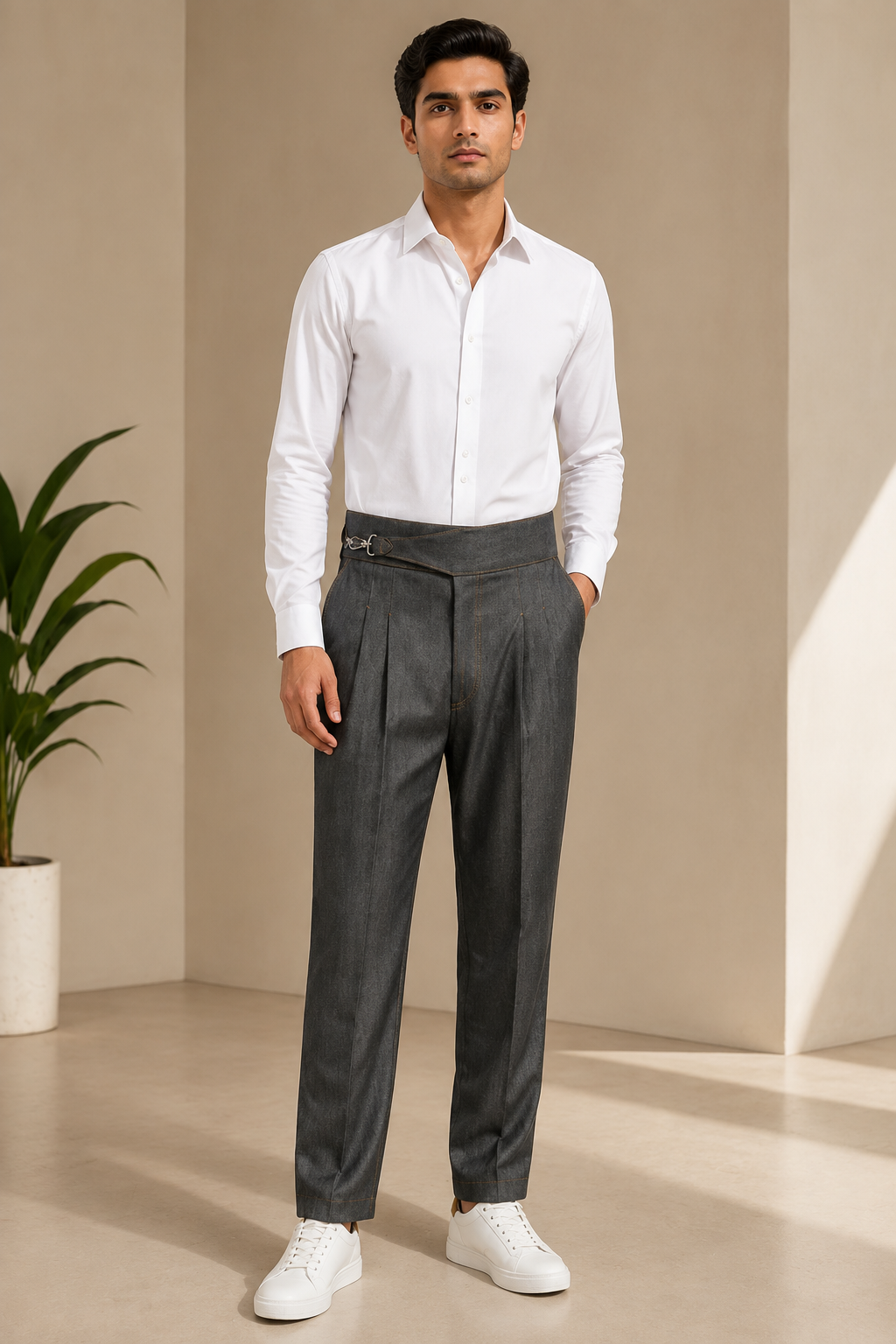 Grey Denim Look Cotton Stretch Trousers | Smart Formal Pants for Men