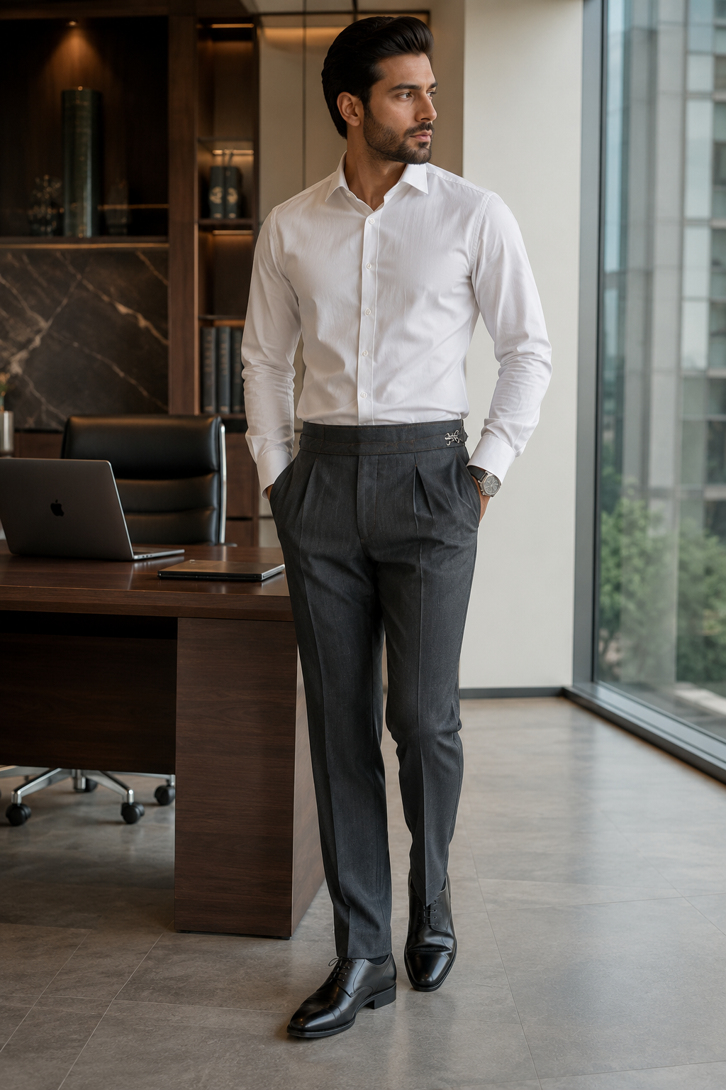 Grey Denim Look Cotton Stretch Trousers | Smart Formal Pants for Men