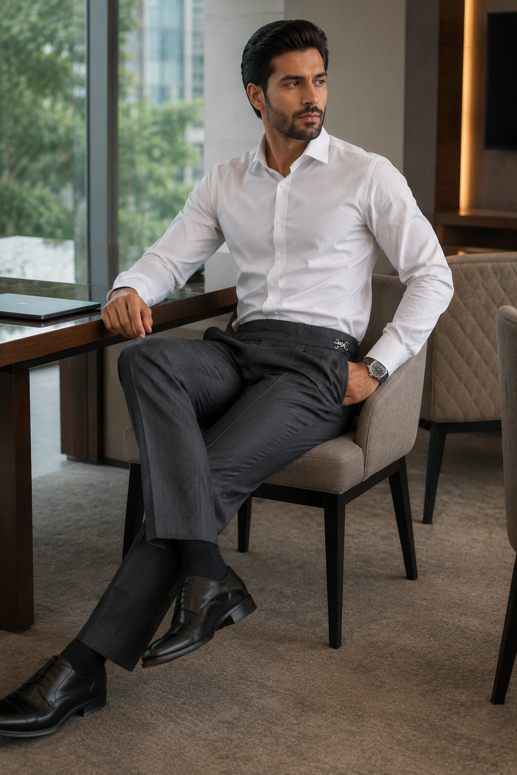 Grey Denim Look Cotton Stretch Trousers | Smart Formal Pants for Men