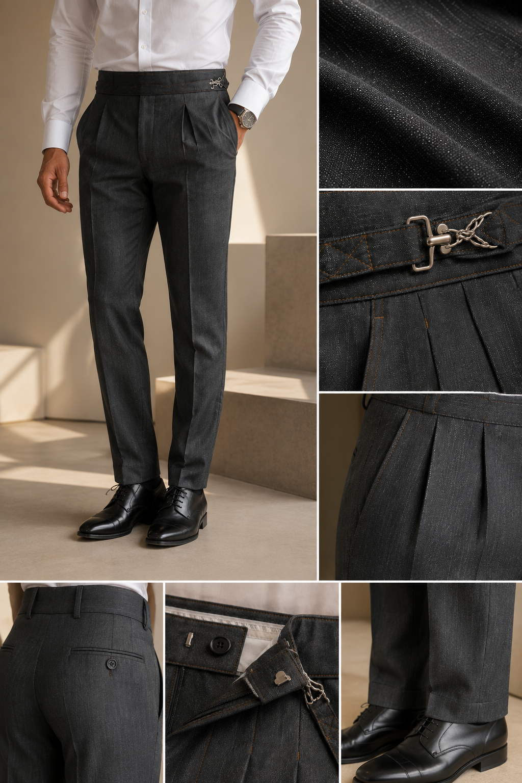 Grey Denim Look Cotton Stretch Trousers | Smart Formal Pants for Men