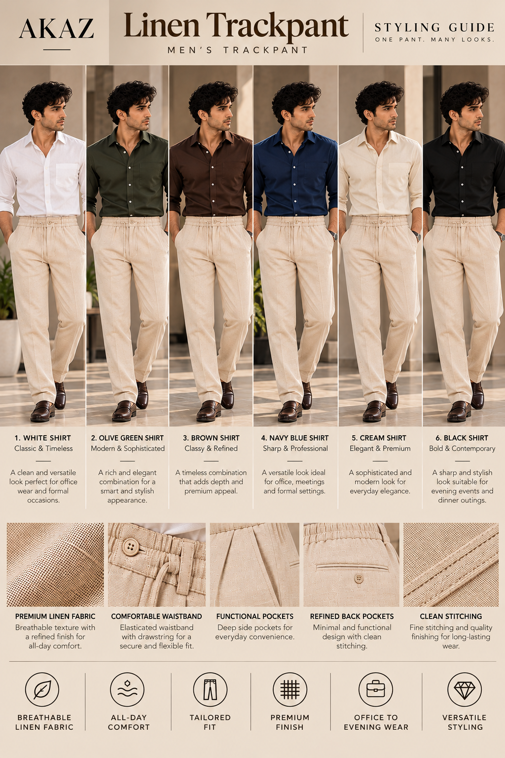 AKAZ Men's Cream Linen Trackpants | Casual Trousers for Everyday