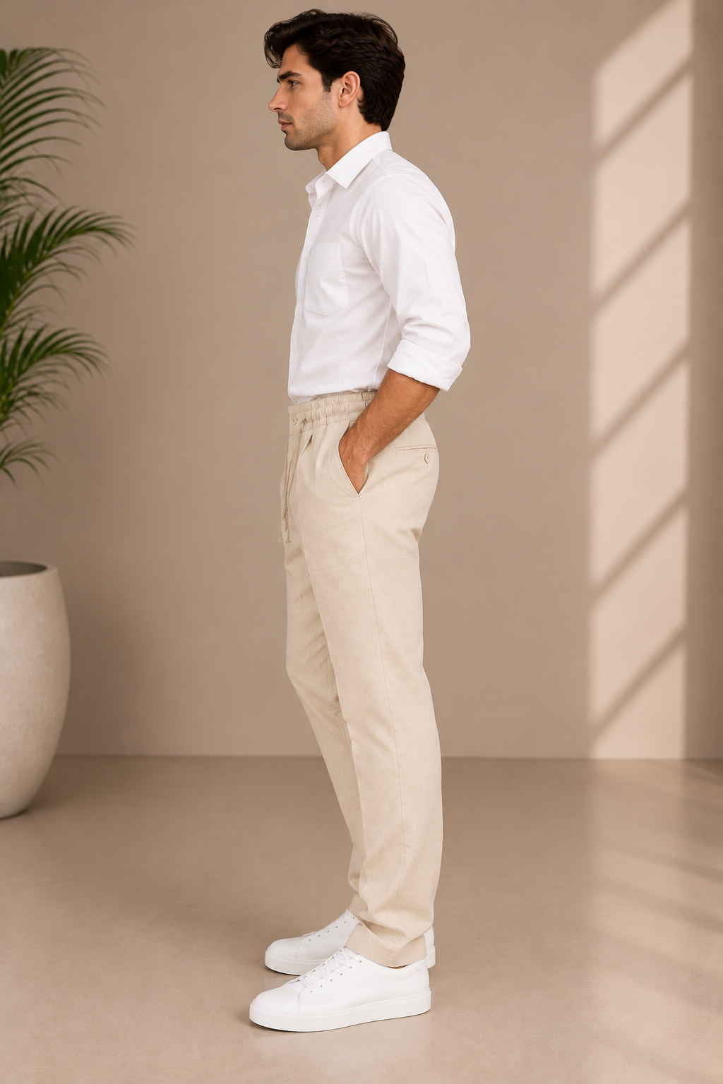 AKAZ Men's Cream Linen Trackpants | Casual Trousers for Everyday