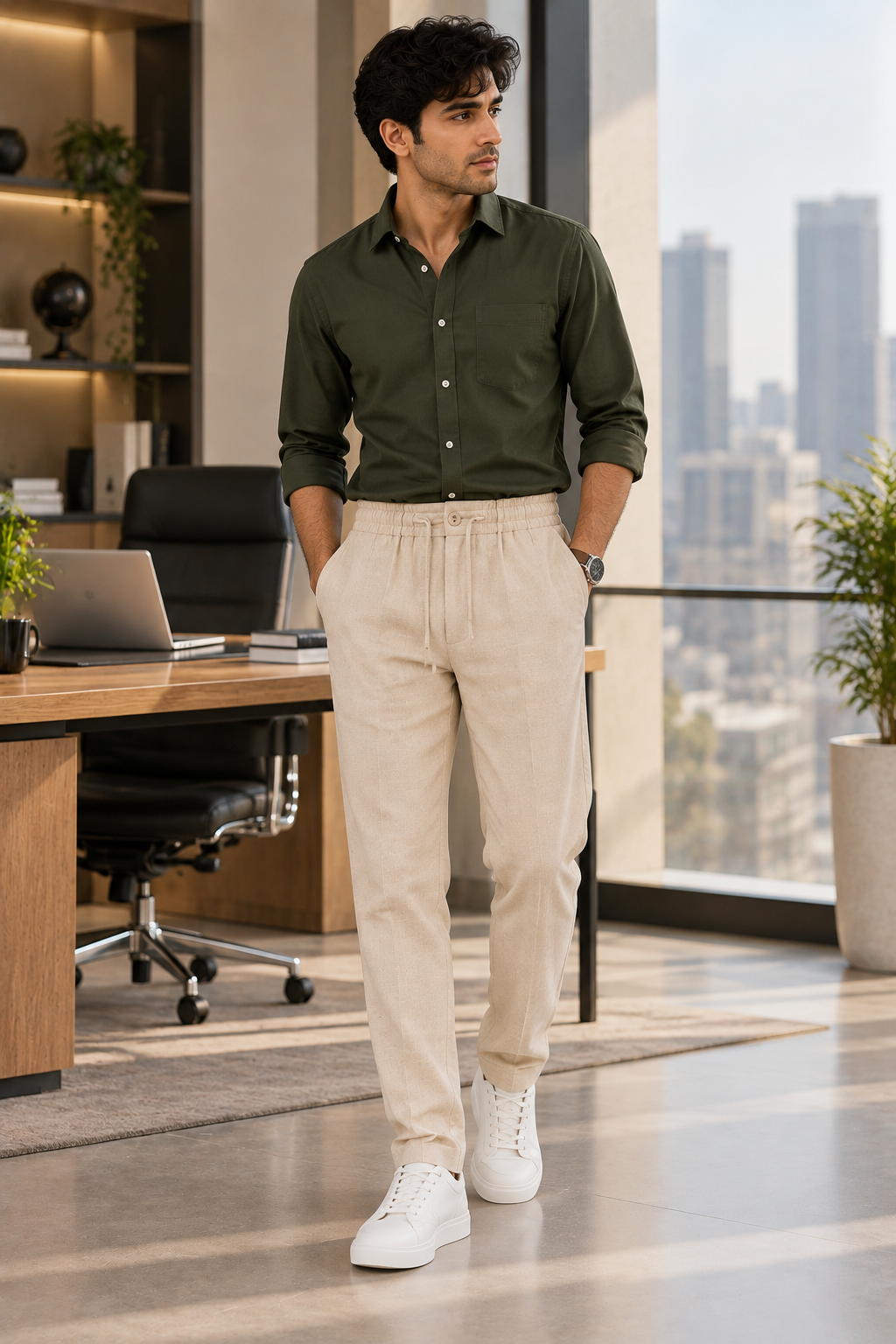 AKAZ Men's Cream Linen Trackpants | Casual Trousers for Everyday