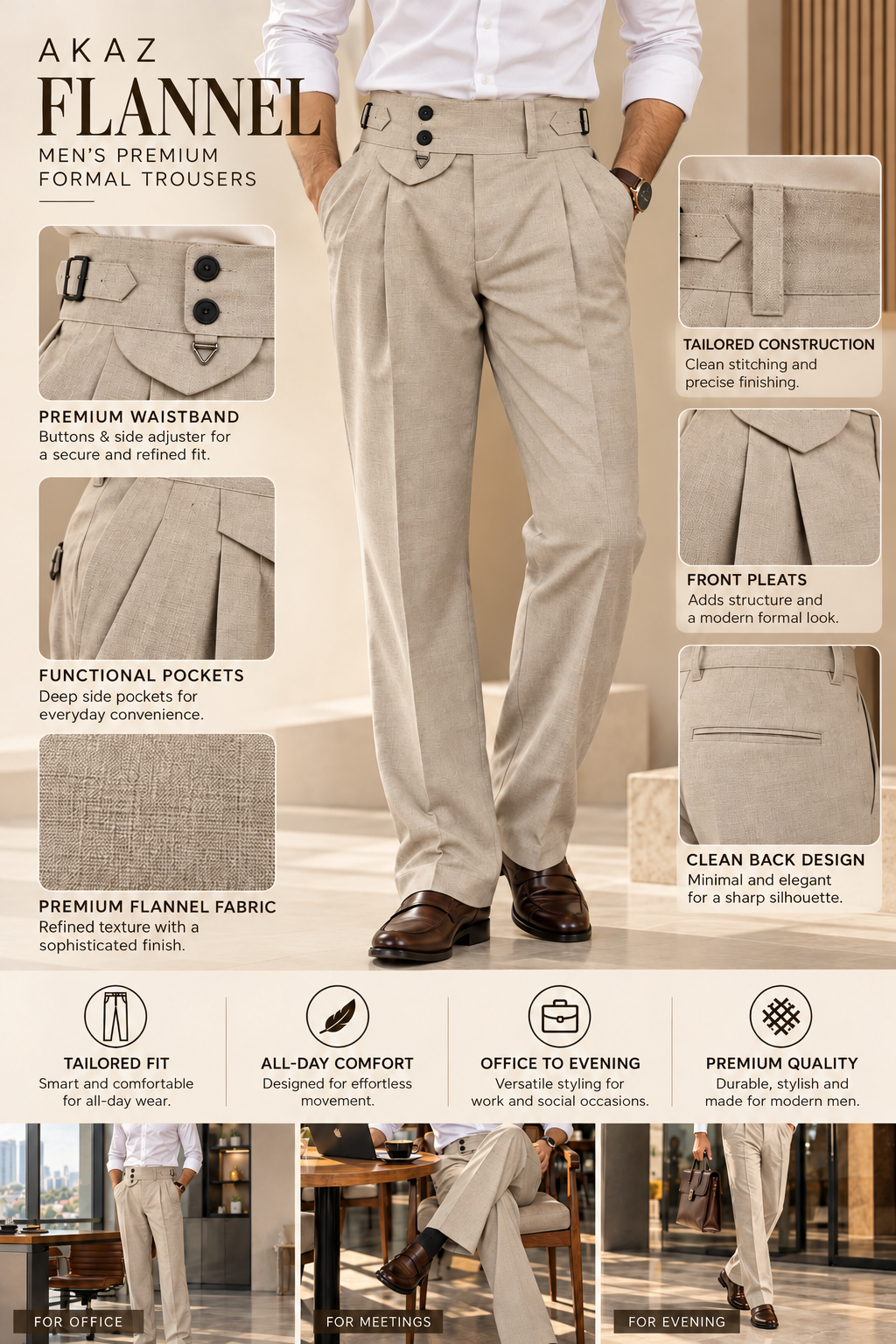 AKAZ FLANNEL Men's Beige Formal Trousers | Premium Cotton Blend Tailored Fit Pants