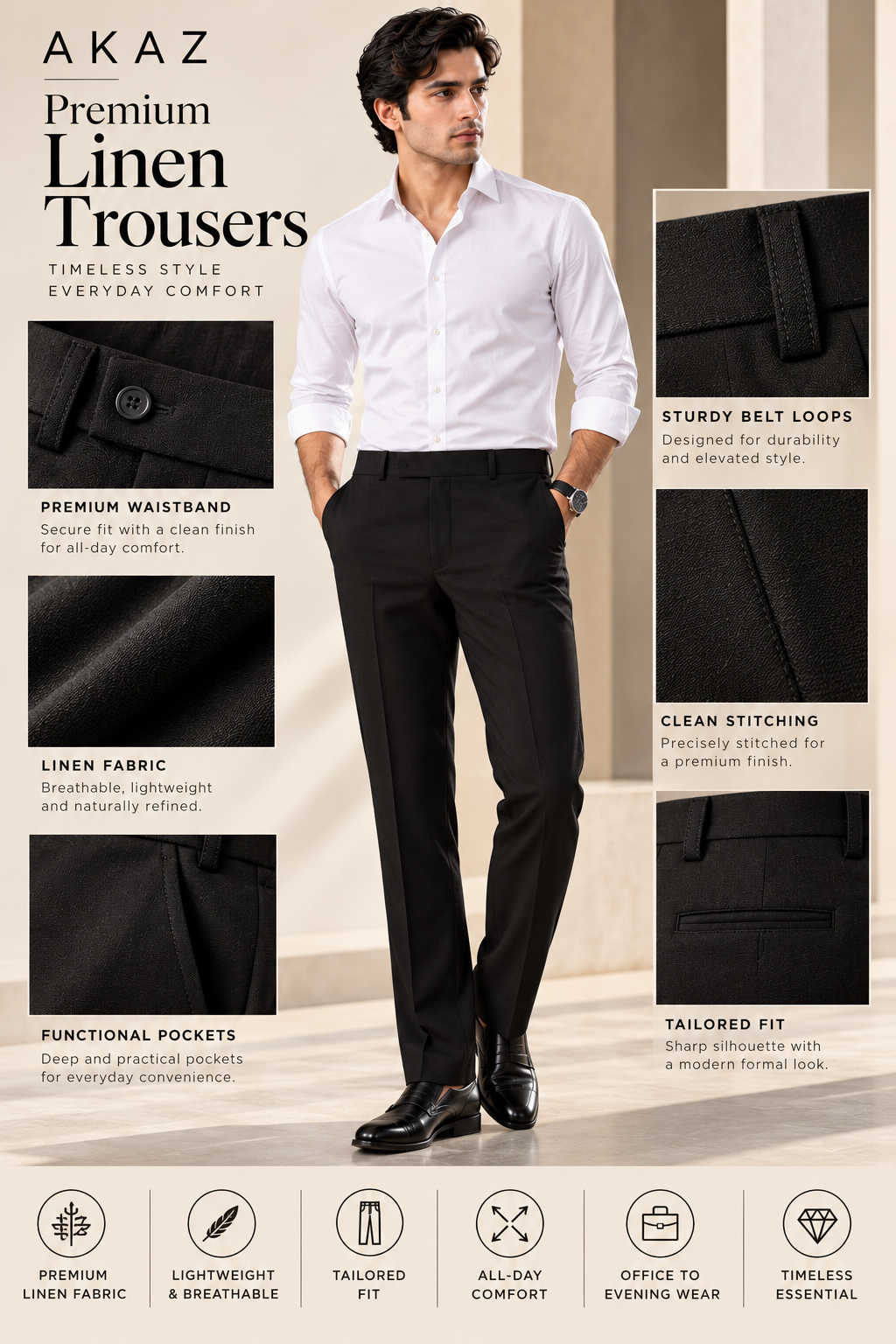 AKAZ Premium Black Linen Trousers for Men | Regular Fit Formal Pants