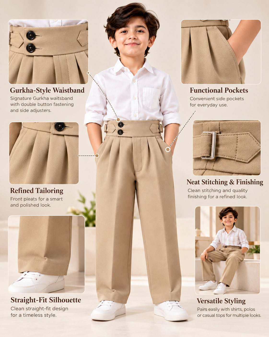 AKAZ Kids Beige Gurkha Straight Fit Pants for Boys