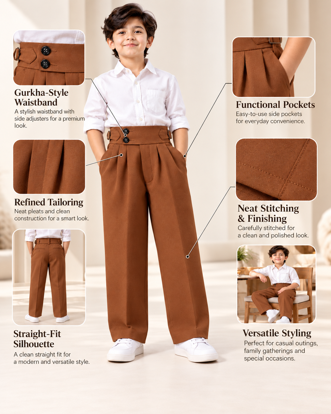 AKAZ Kids Rust Gurkha Straight Fit Pants for Boys