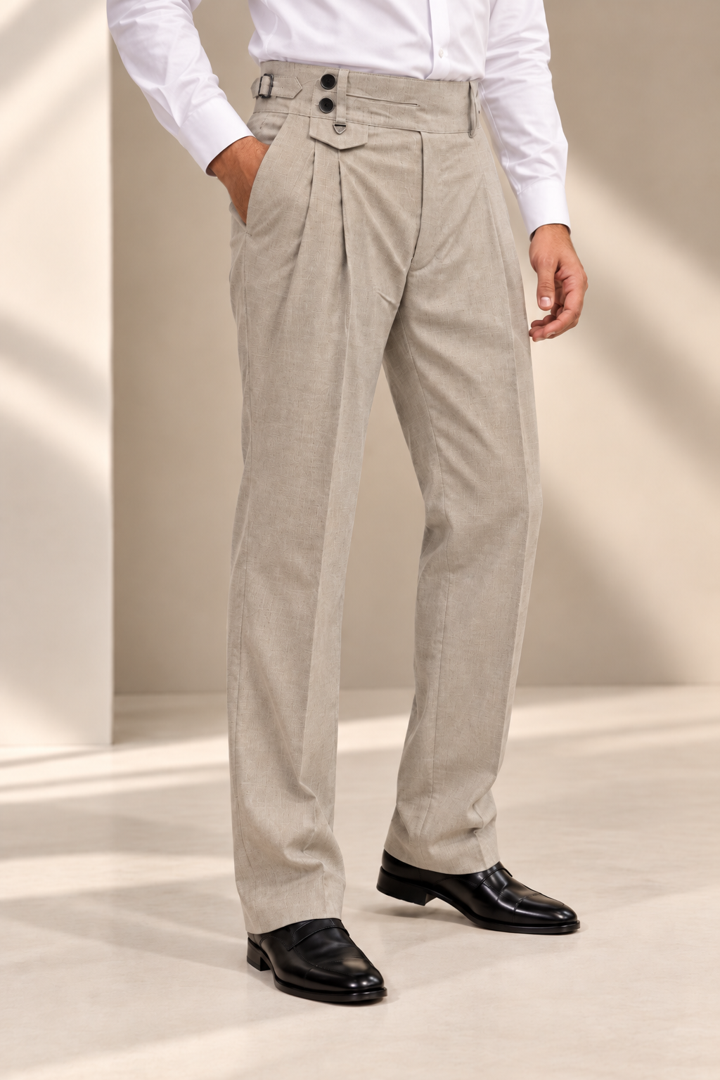 AKAZ FLANNEL Men's Beige Formal Trousers | Premium Cotton Blend Tailored Fit Pants