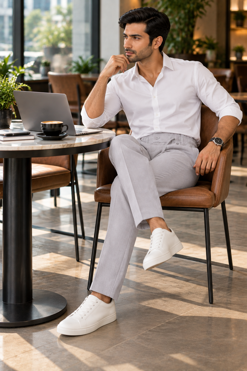 AKAZ Men's Light Grey Linen Trackpants | Drawstring Waist Casual Trousers