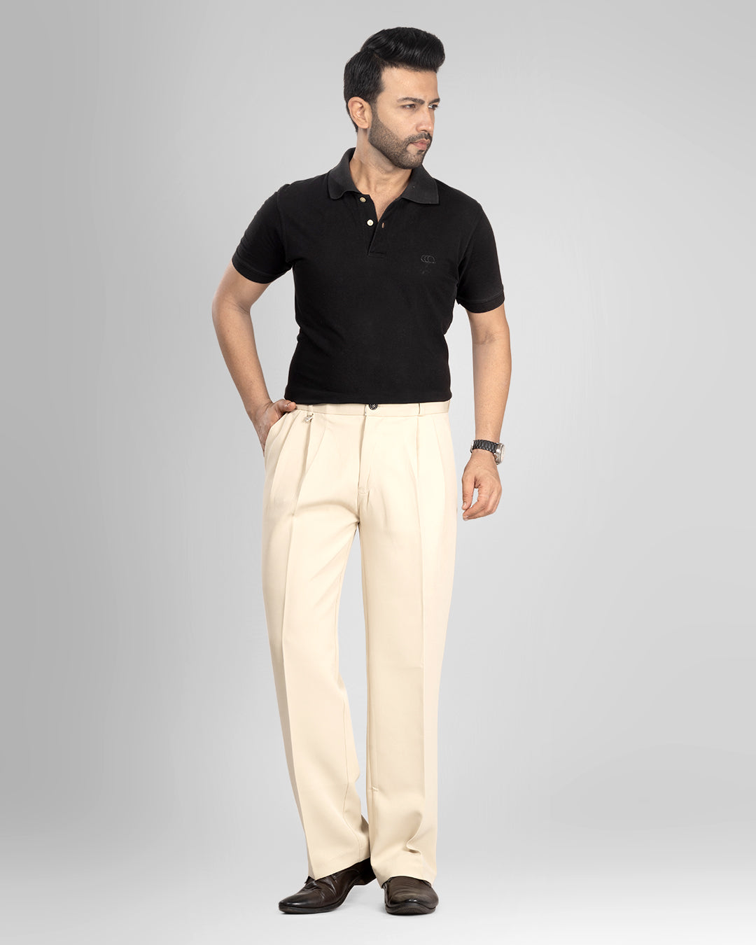 AKAZ Men's Cream Baggy Straight Fit Pants | Relaxed Casual Trousers for Men