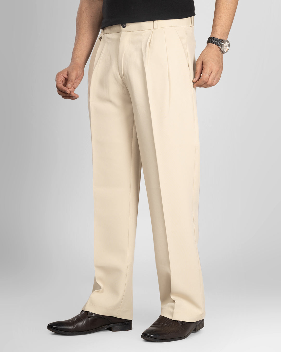 AKAZ Men's Cream Baggy Straight Fit Pants | Relaxed Casual Trousers for Men