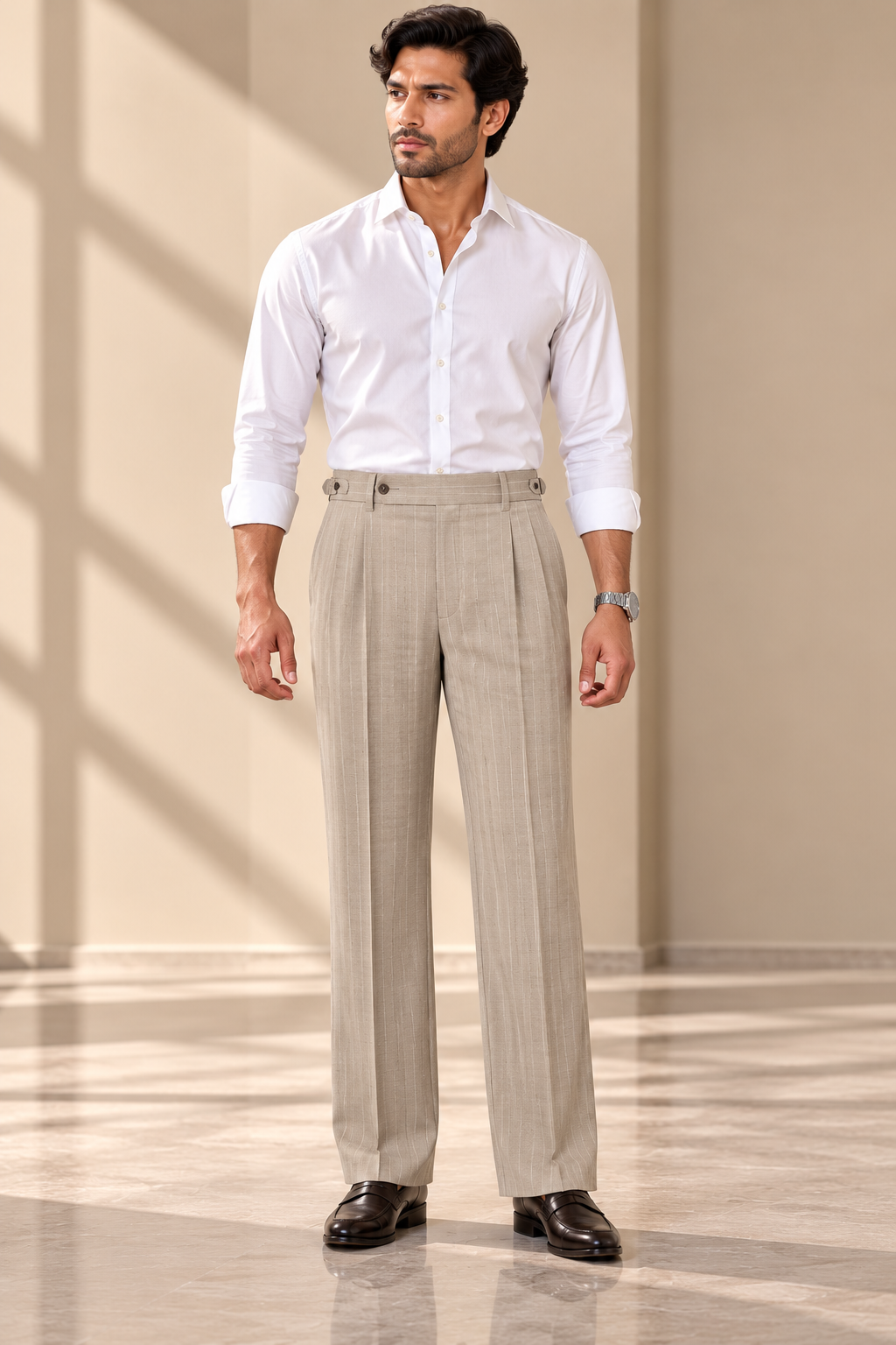 AKAZ BRAZIL Men's Beige Formal Trousers | Premium Tailored Fit Pinstripe Office Pants