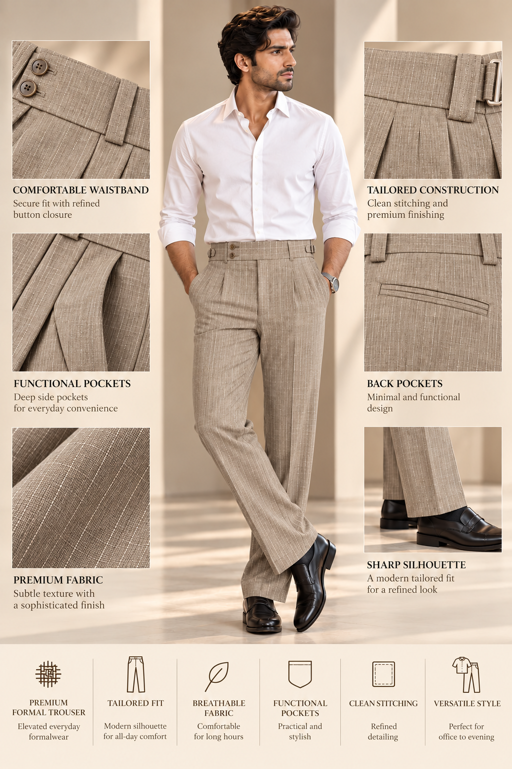 AKAZ BRAZIL Men's Beige Formal Trousers | Premium Tailored Fit Pinstripe Office Pants