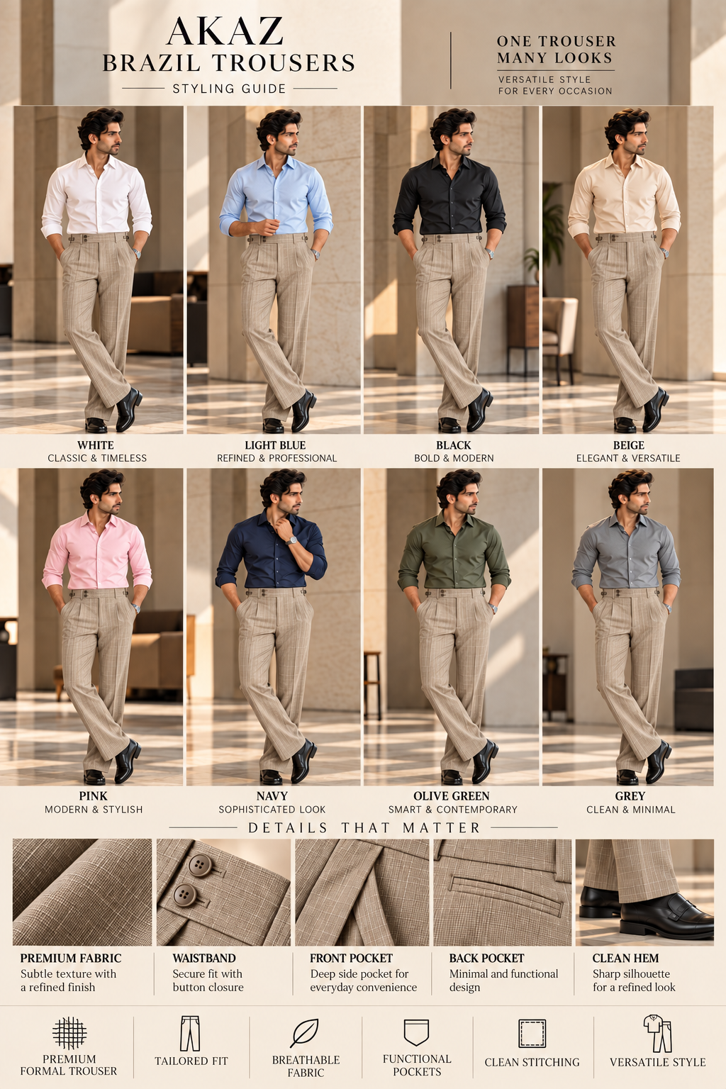 AKAZ BRAZIL Men's Premium Formal Trousers | 4-Way Stretch Tailored Fit Pants