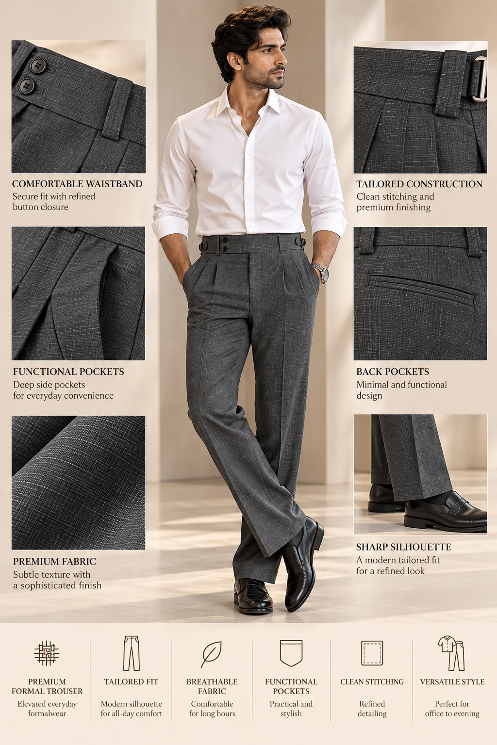 AKAZ BRAZIL Men's Black Premium Formal Trousers | 4 Way Stretch Tailored Fit Smart Formal Pants