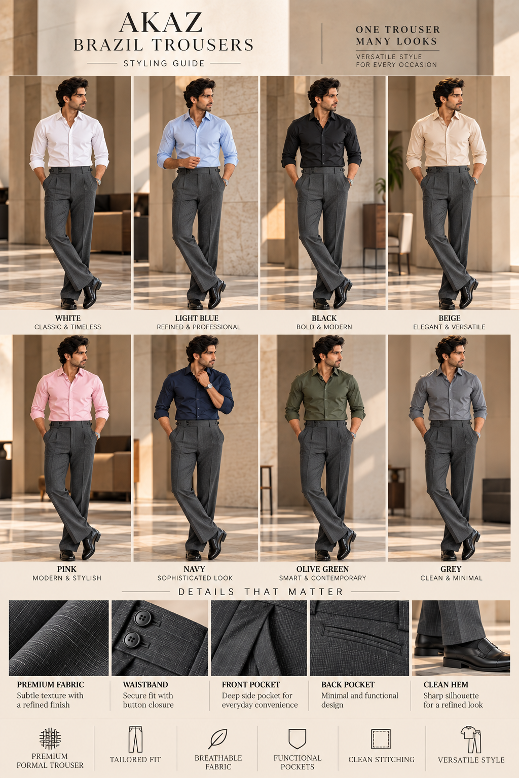 AKAZ BRAZIL Men's Premium Formal Trousers | 4-Way Stretch Tailored Fit Pants