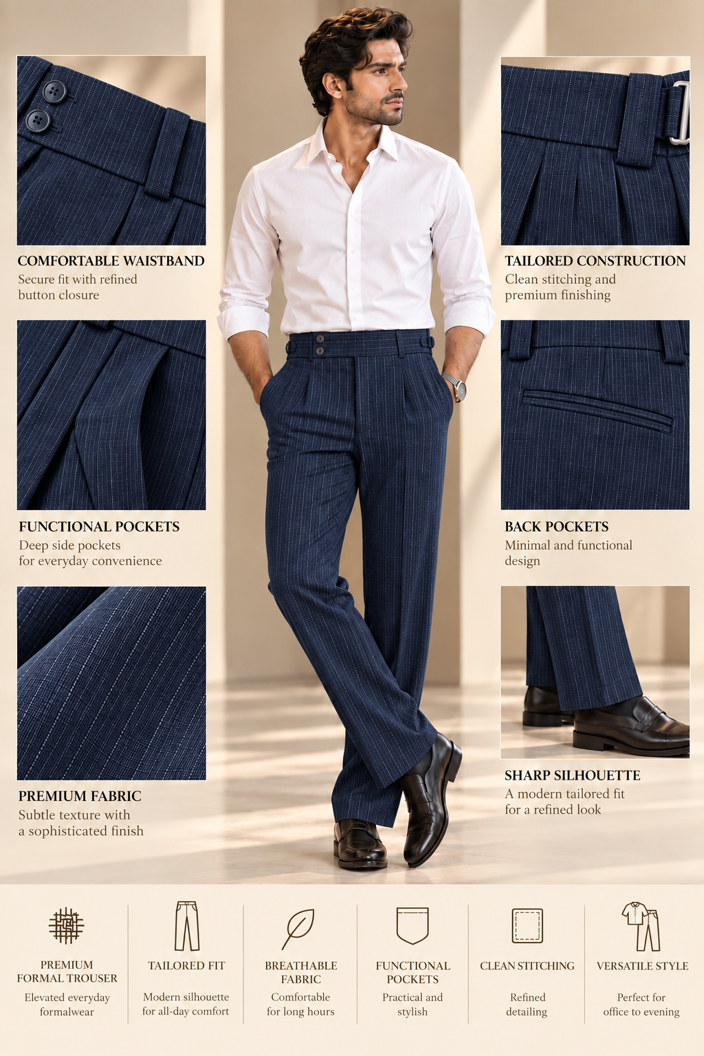 AKAZ BRAZIL Men's Navy Blue Formal Trousers | Premium 4-Way Stretch Tailored Fit Pants