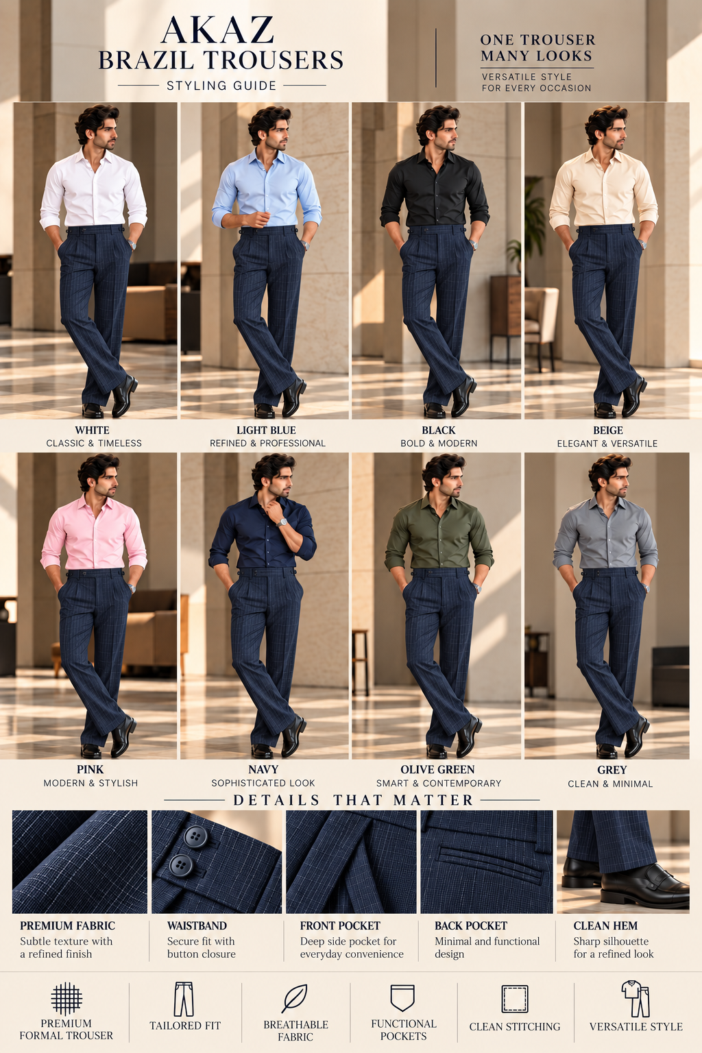 AKAZ BRAZIL Men's Premium Formal Trousers | 4-Way Stretch Tailored Fit Pants
