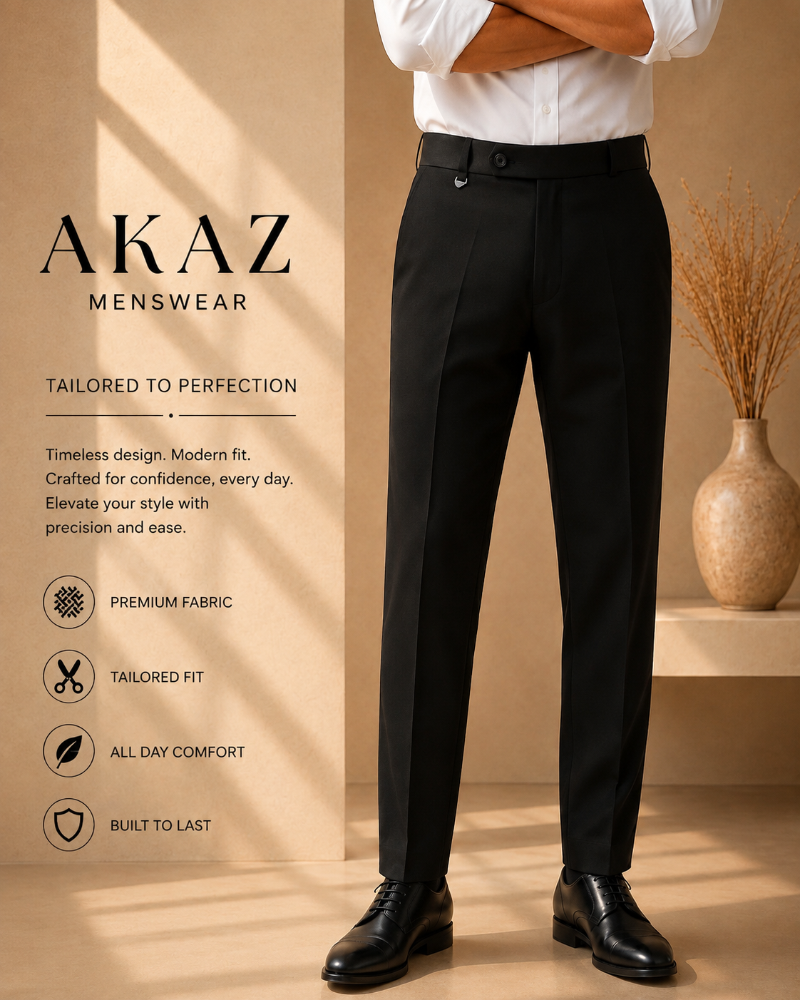 AKAZ COSTA Men's Premium Formal Trousers | Tailored Fit Pants