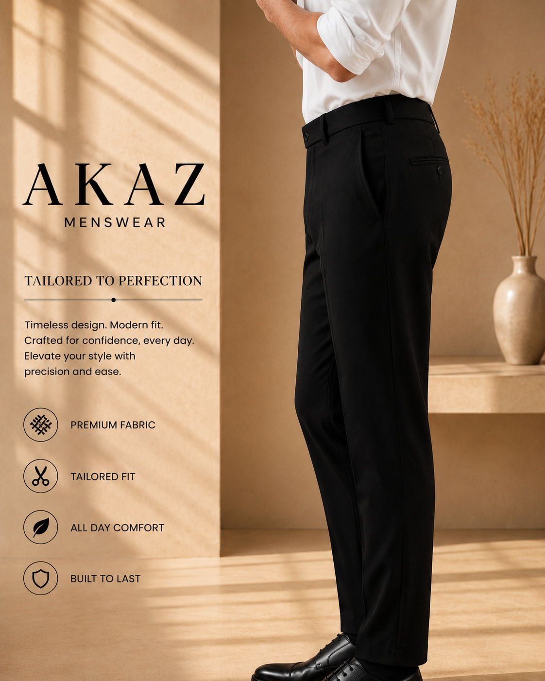 AKAZ COSTA Men's Premium Formal Trousers | Tailored Fit Pants