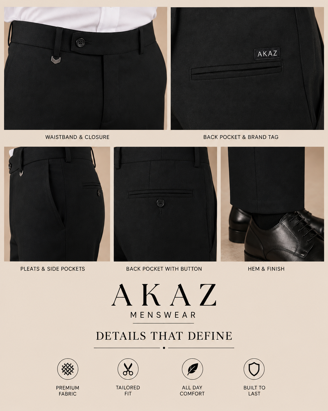 AKAZ COSTA Men's Premium Formal Trousers | Tailored Fit Pants