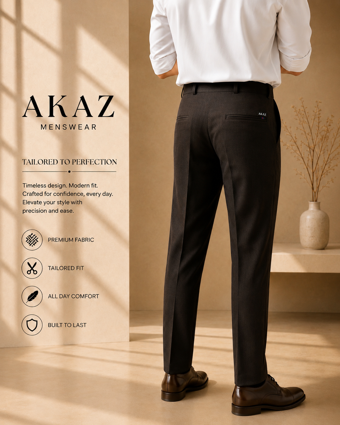 AKAZ COSTA Men's Premium Formal Trousers | Tailored Fit Pants