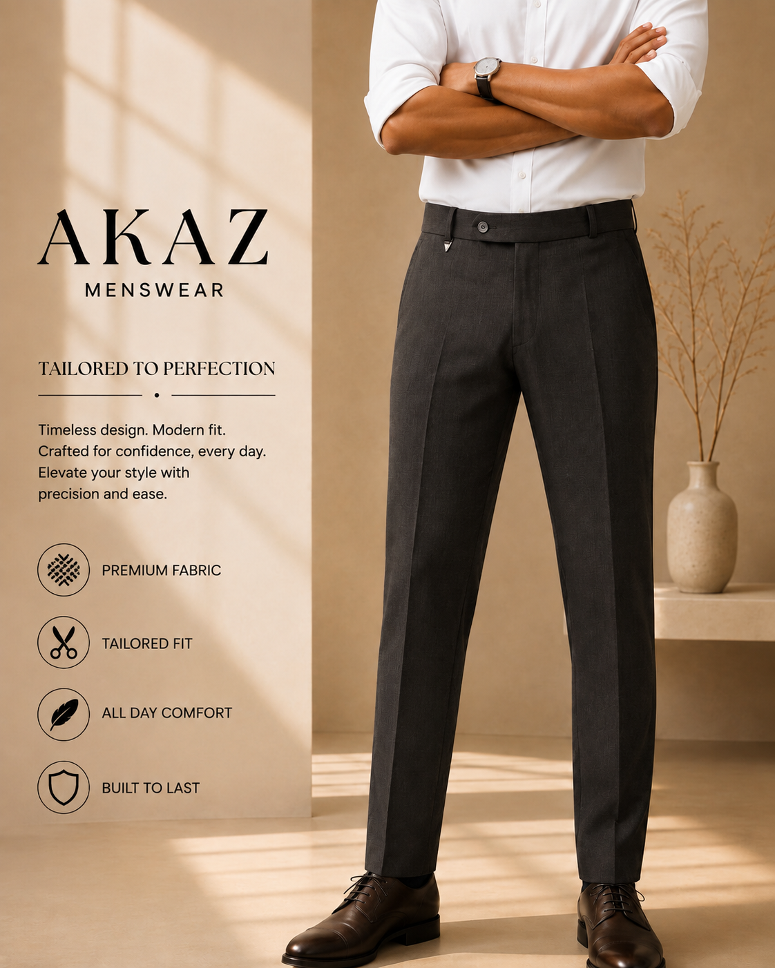 AKAZ COSTA Men's Premium Formal Trousers | Tailored Fit Pants