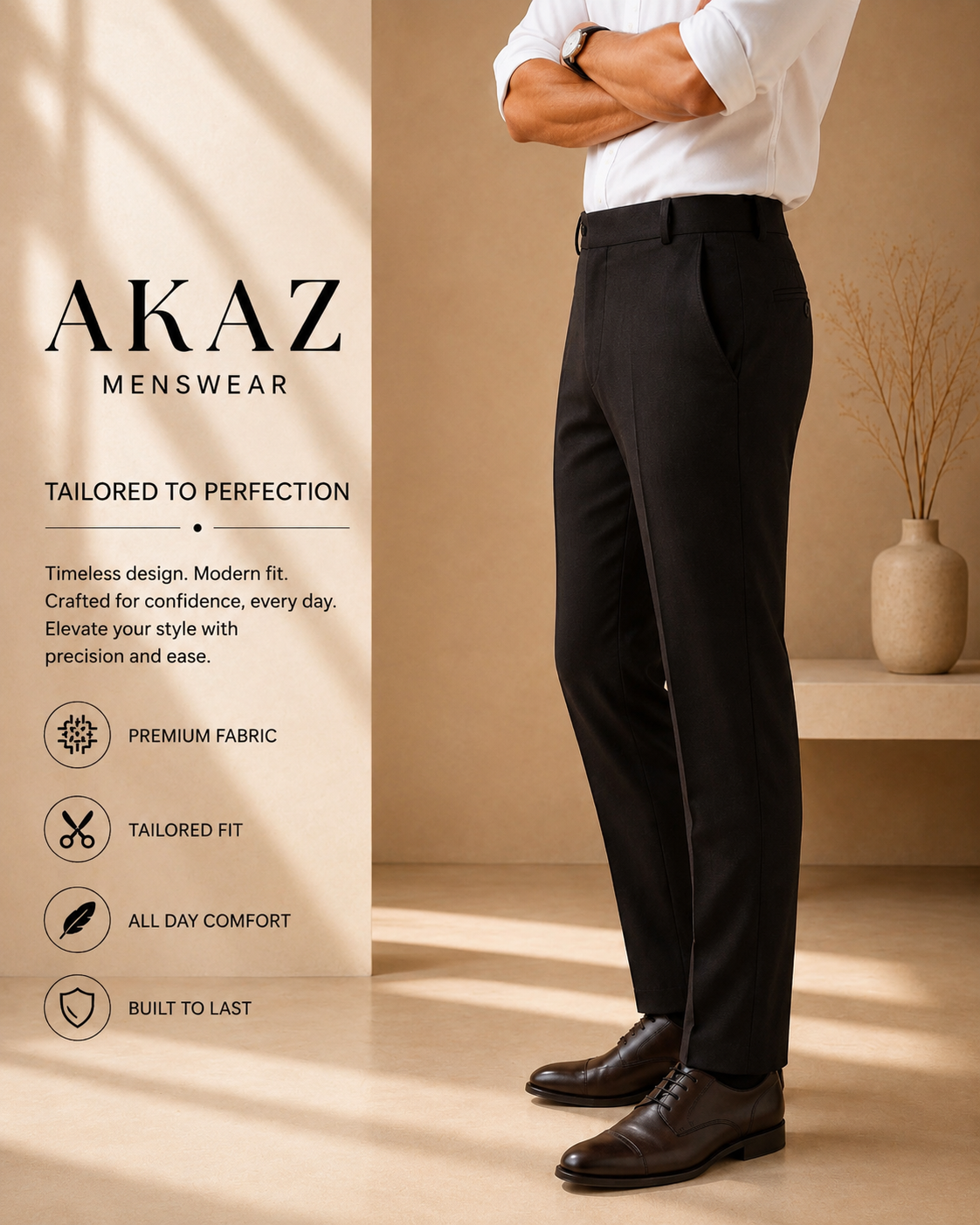 AKAZ COSTA Men's Premium Formal Trousers | Tailored Fit Pants