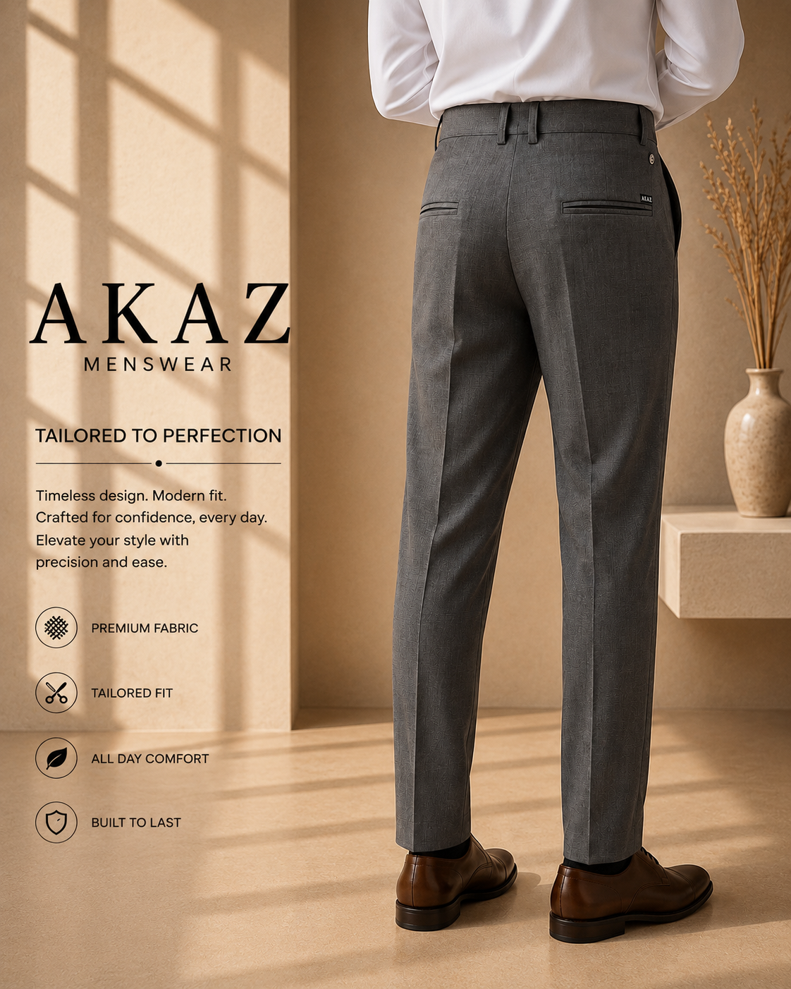 AKAZ COSTA Men's Premium Formal Trousers | Tailored Fit Pants