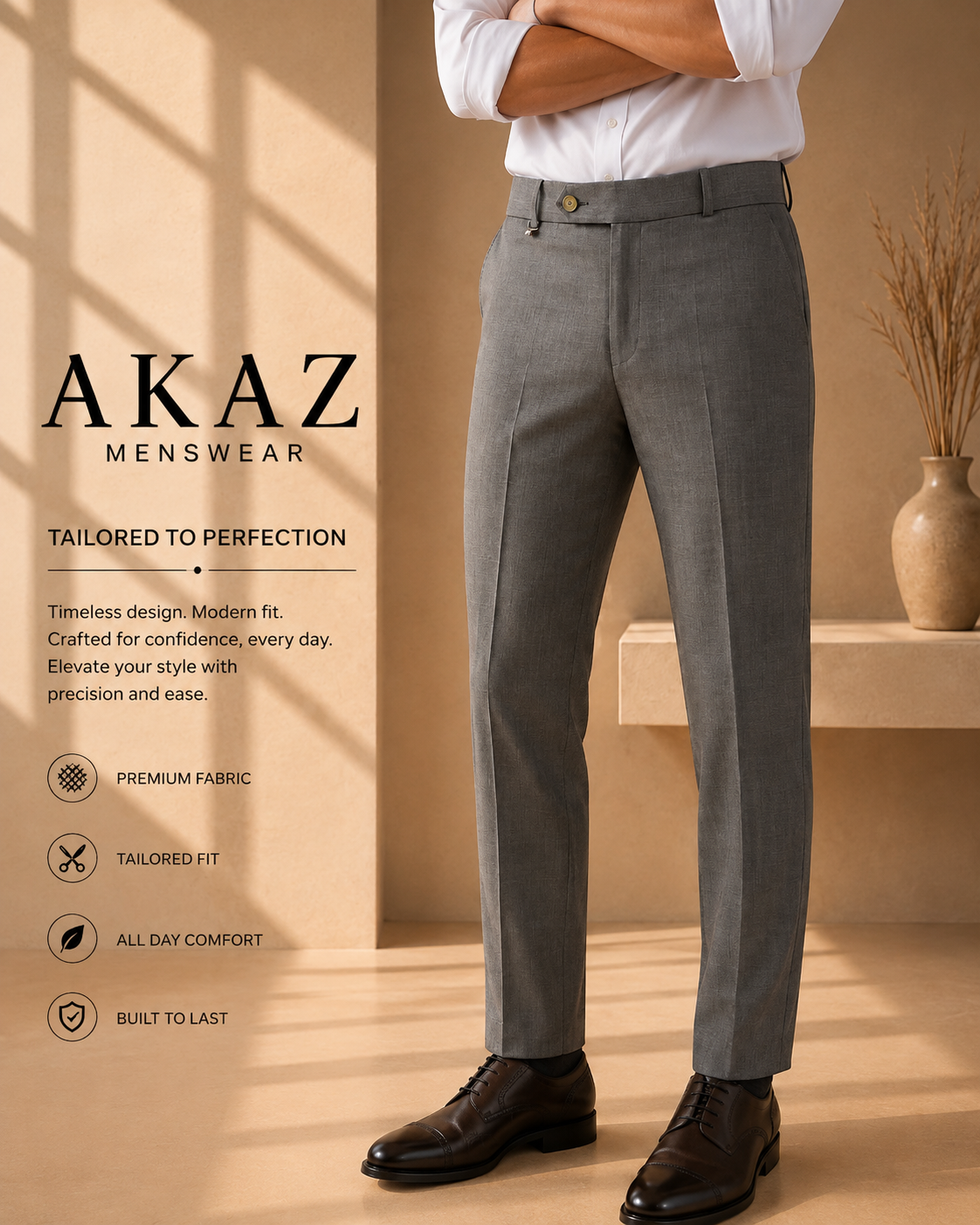 AKAZ COSTA Men's Premium Formal Trousers | Tailored Fit Pants