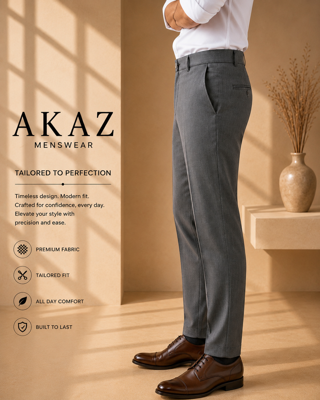 AKAZ COSTA Men's Premium Formal Trousers | Tailored Fit Pants