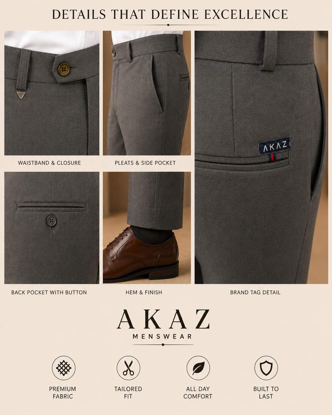 AKAZ COSTA Men's Premium Formal Trousers | Tailored Fit Pants