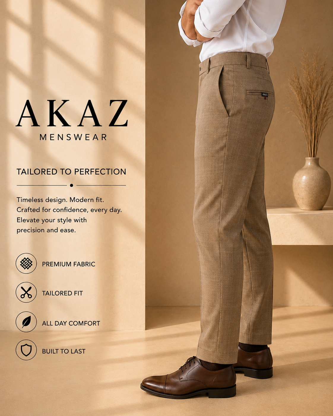 AKAZ COSTA Men's Premium Formal Trousers | Tailored Fit Pants
