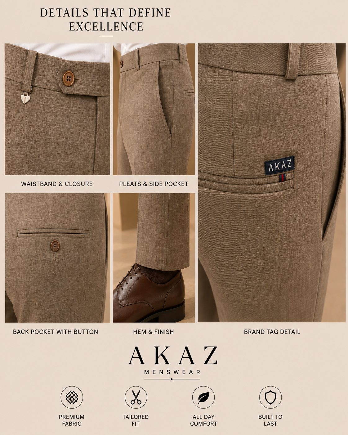 AKAZ COSTA Men's Premium Formal Trousers | Tailored Fit Pants